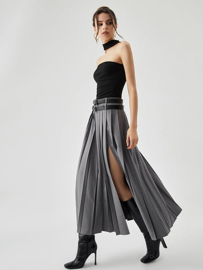 Pleated Split Maxi Trendy Skirt