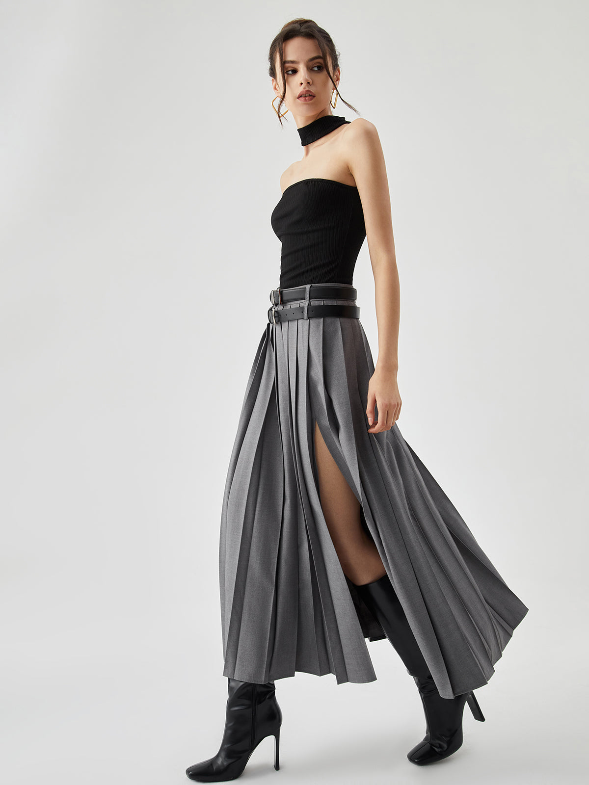 Pleated Split Maxi Trendy Skirt