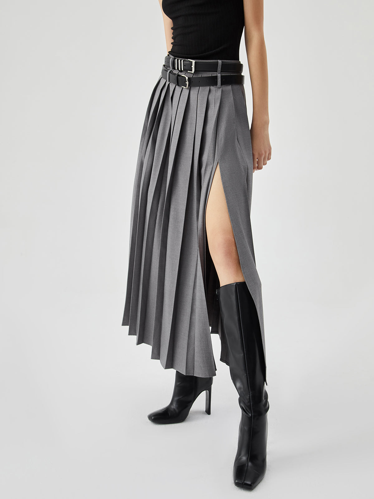 Pleated Split Maxi Trendy Skirt