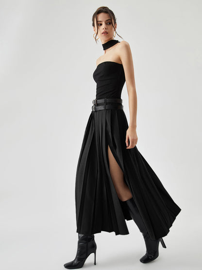Pleated Split Maxi Trendy Skirt
