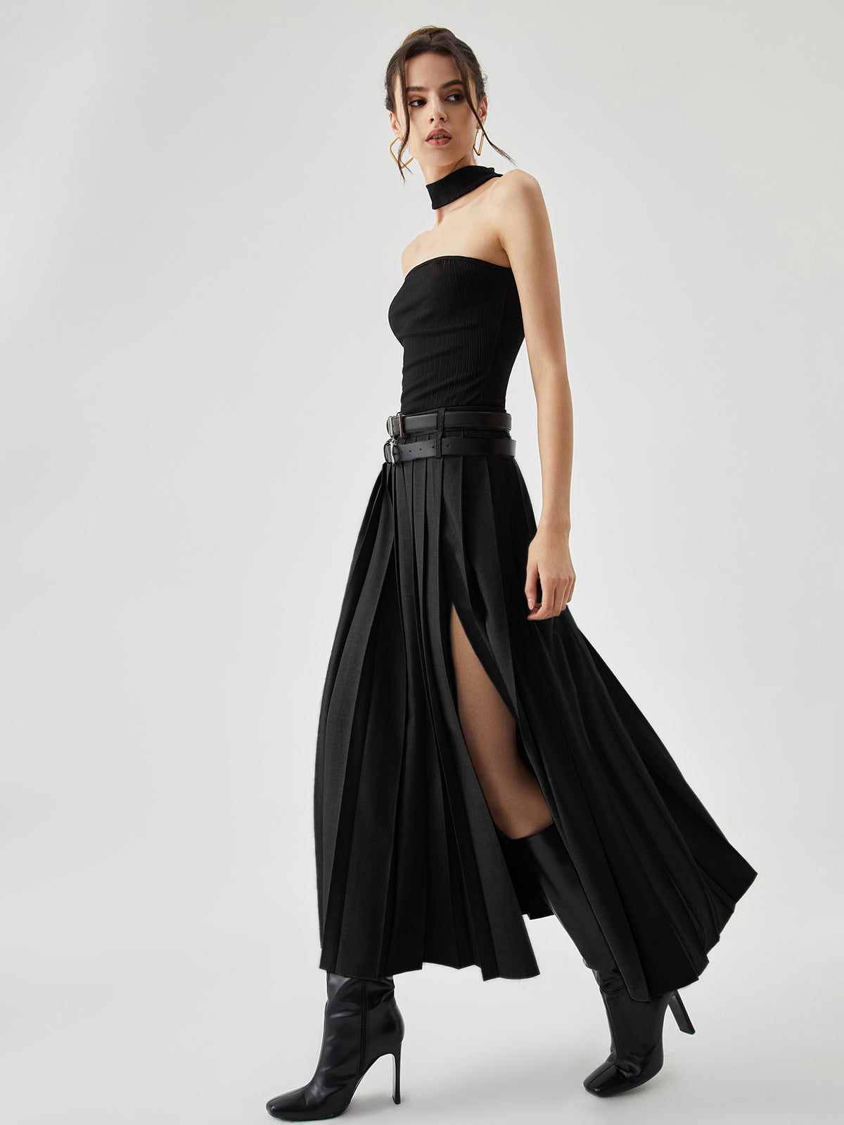 Pleated Split Maxi Trendy Skirt