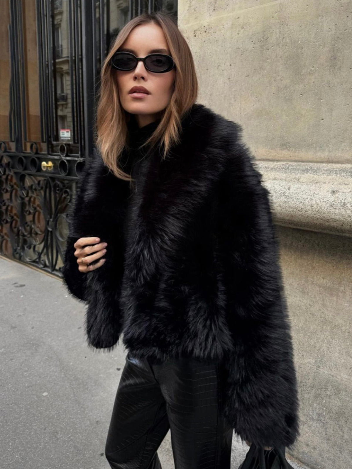Solid Faux Graceful Fur Collar Jacket