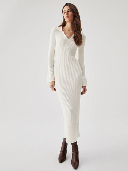 Ribbed Knit Long Sleeve Modern V-neck Collar Long Dress