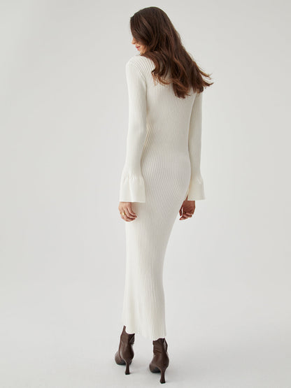 Ribbed Knit Long Sleeve Modern V-neck Collar Long Dress