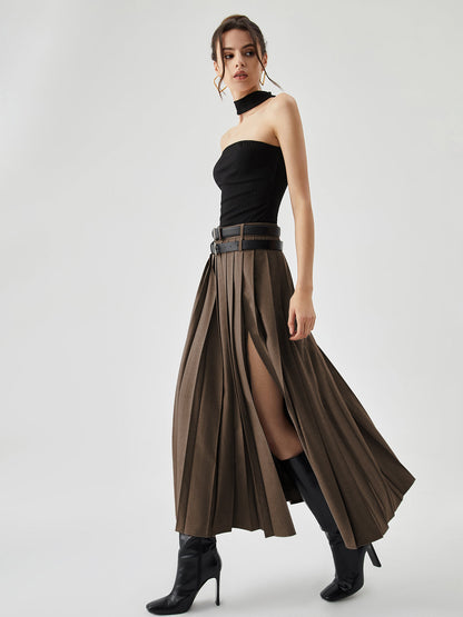 Pleated Split Maxi Trendy Skirt