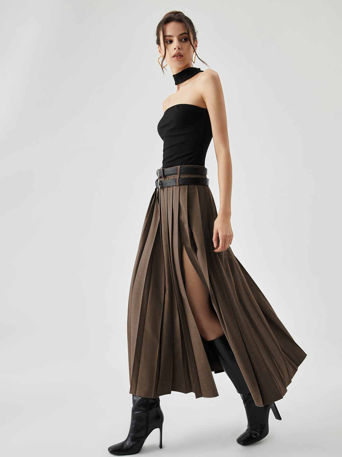 Pleated Split Maxi Trendy Skirt