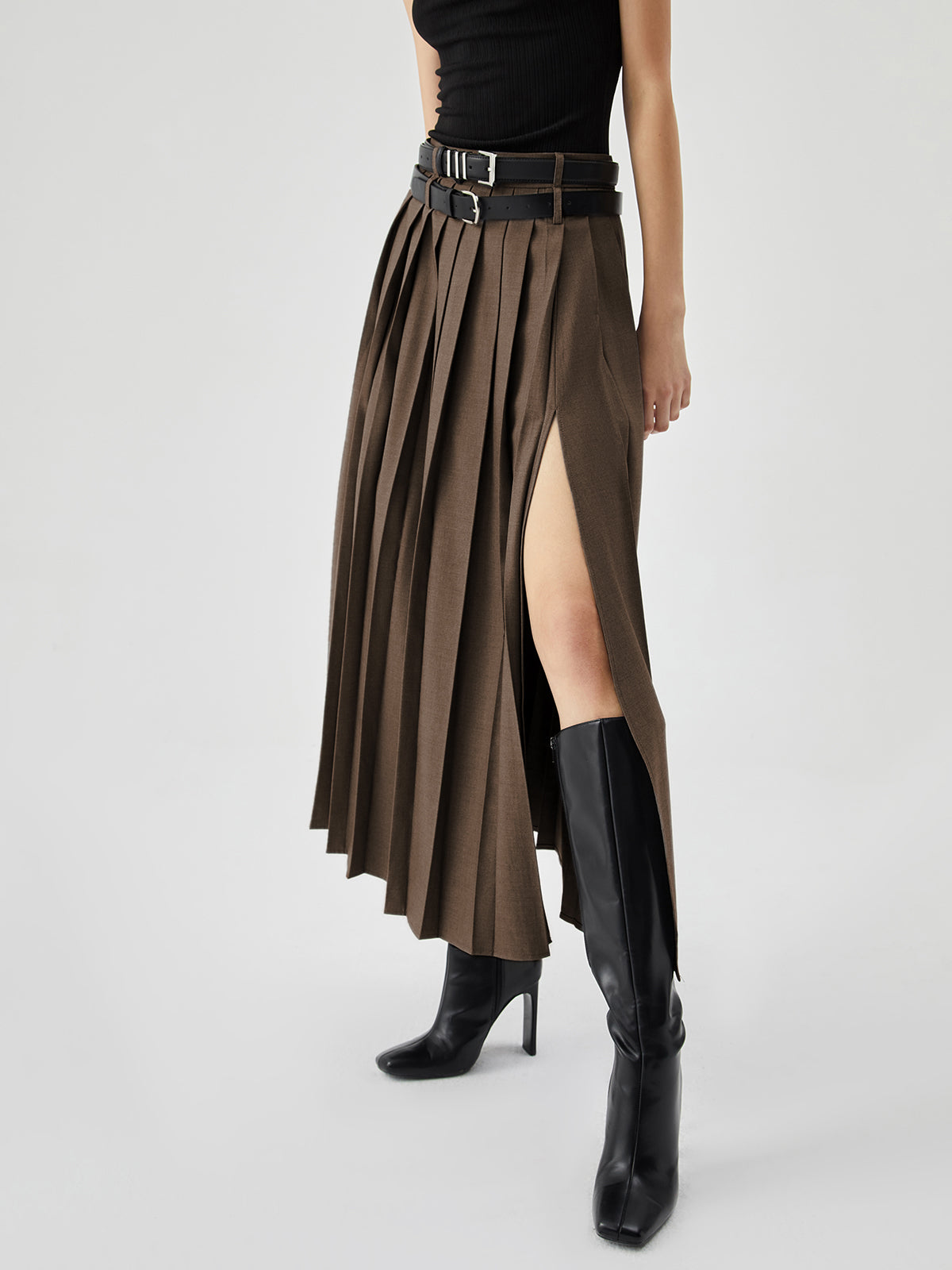 Pleated Split Maxi Trendy Skirt