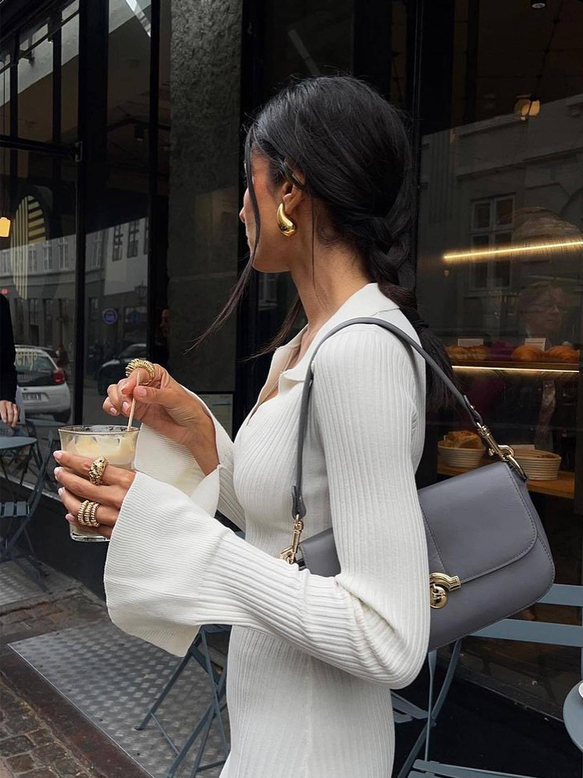 Ribbed Knit Long Sleeve Modern V-neck Collar Long Dress