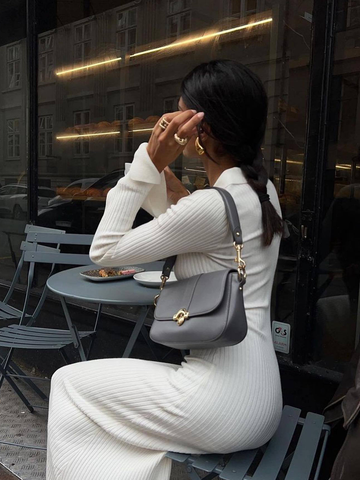 Ribbed Knit Long Sleeve Modern V-neck Collar Long Dress