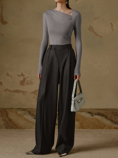 Ribbed Knit Long Trendy Sleeve Asymmetric Shirt