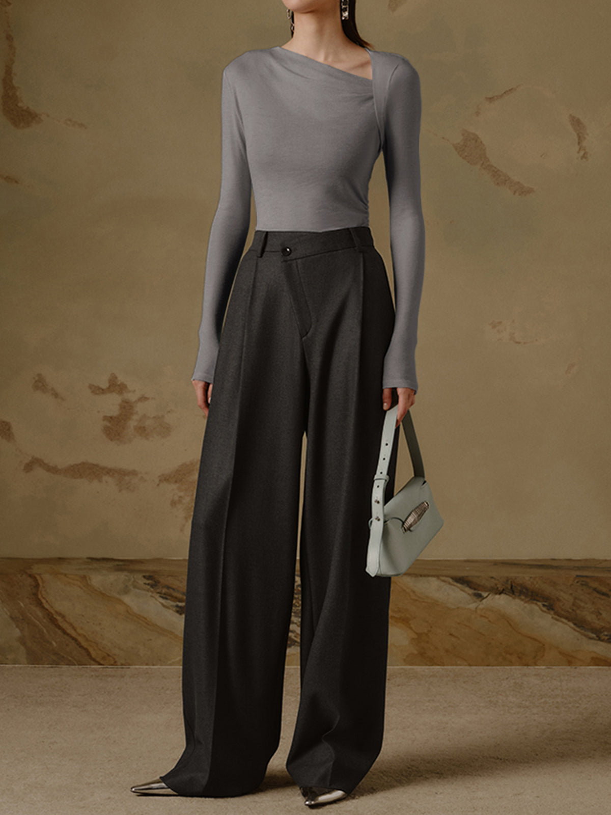 Ribbed Knit Long Trendy Sleeve Asymmetric Shirt