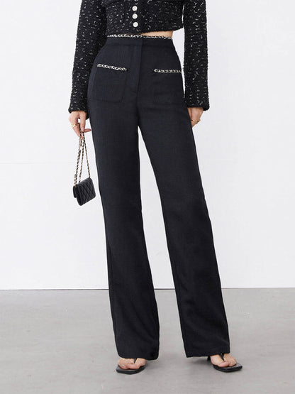 Tweed Contrast Trim Trendy Pocket Straight Leg Pants