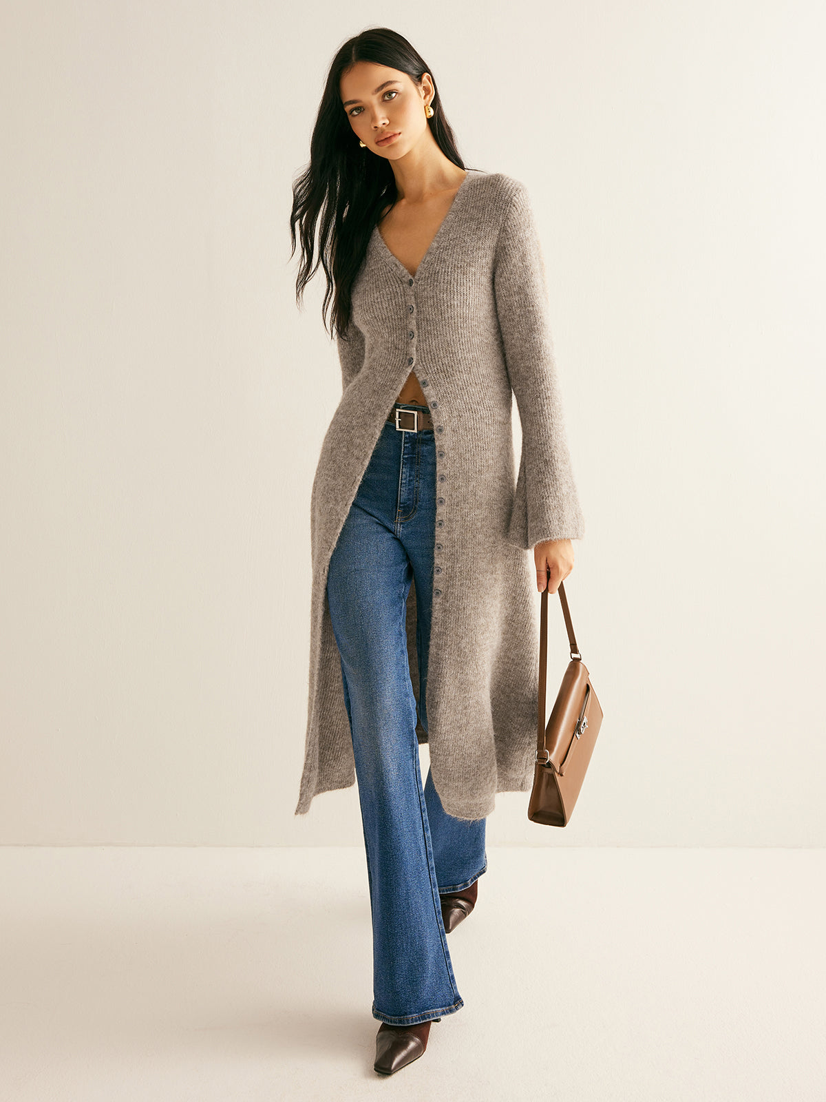 Ribbed Knit Deep V-Neck Button Front Flared Sleeve Longline Sweater Dress