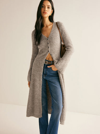 Ribbed Knit Deep V-Neck Button Front Flared Sleeve Longline Sweater Dress