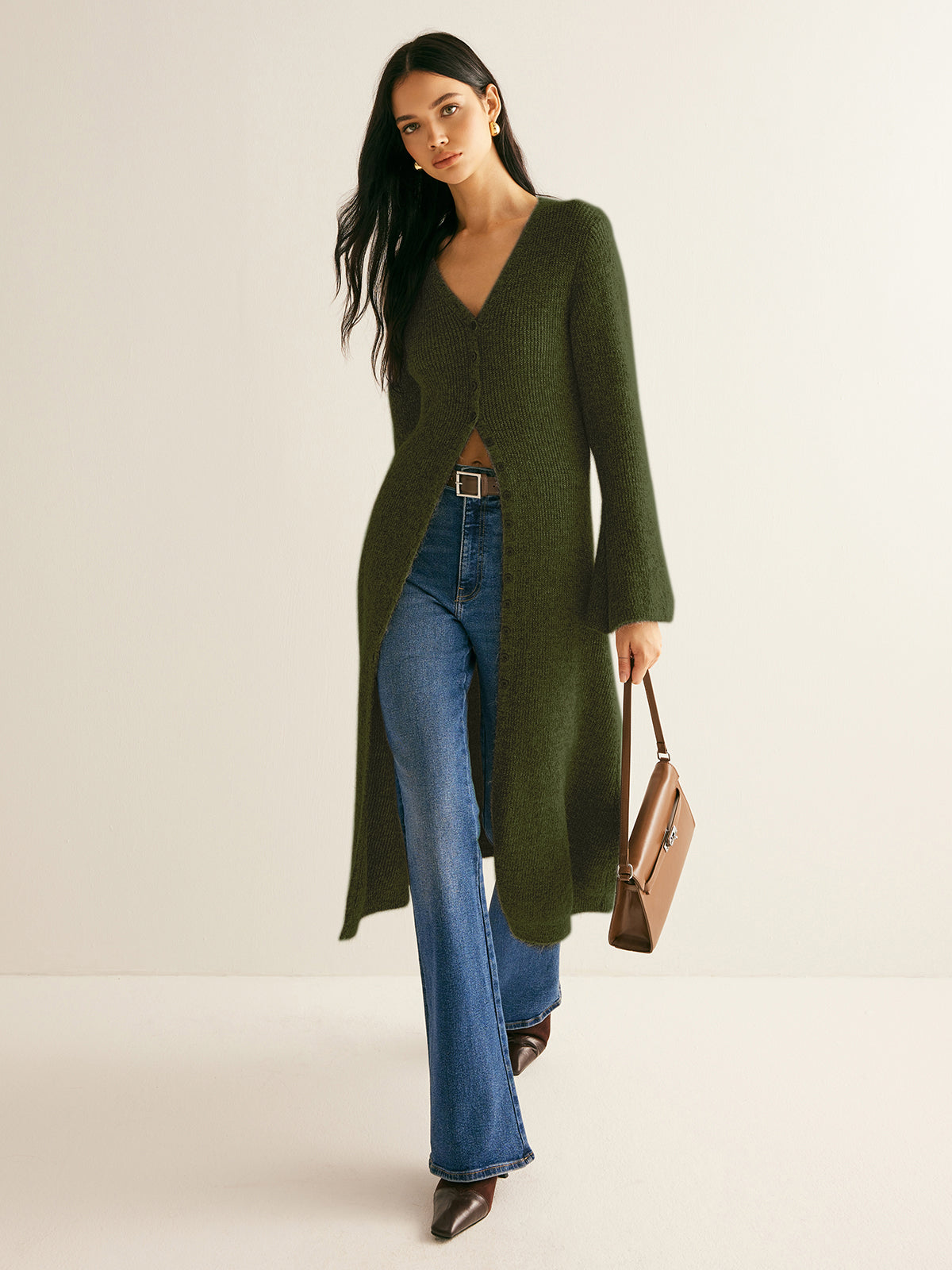 Ribbed Knit Deep V-Neck Button Front Flared Sleeve Longline Sweater Dress