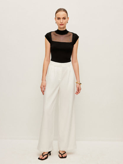 Mesh Panel Mock Neck Top