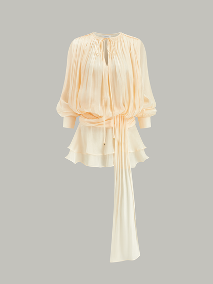 Deep V-Neck Long Blouson Sleeve Draped Sash Tiered Shimmer Mini Dress