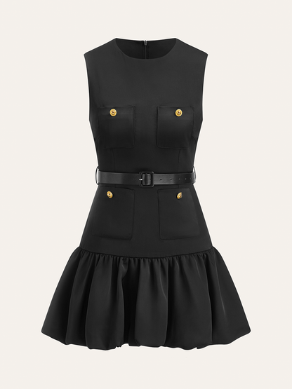 Crew Neck Patch Pocket Metal Button Ruffled Hem Mini Dress