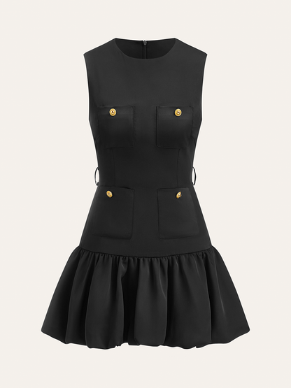 Crew Neck Patch Pocket Metal Button Ruffled Hem Mini Dress