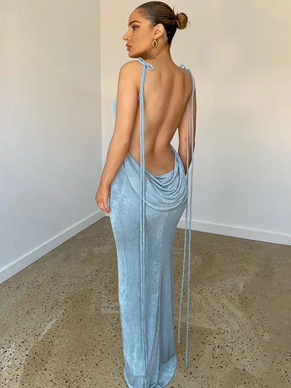 Halter Neck Ruched Spaghetti Strap Bodycon Maxi Dress