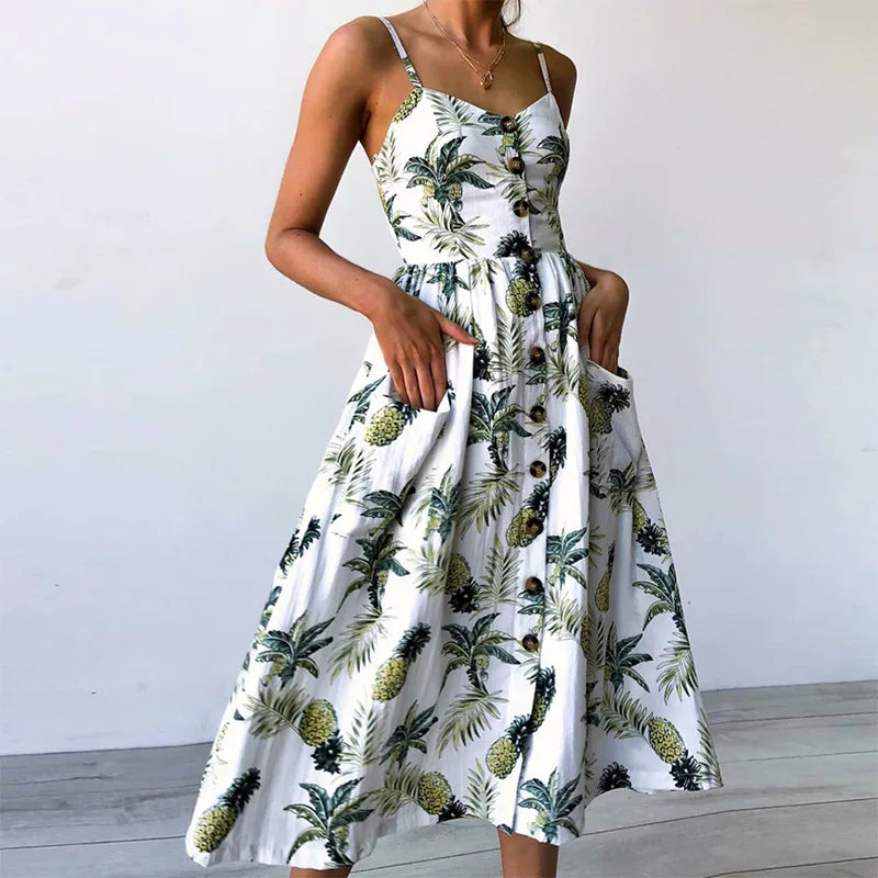 Pineapple Print Spaghetti Strap Button Front Pocket A-Line Midi Dress