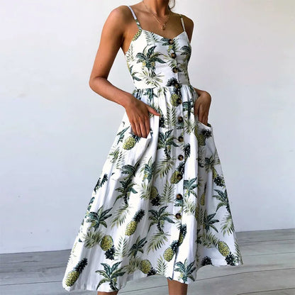 Pineapple Print Spaghetti Strap Button Front Pocket A-Line Midi Dress