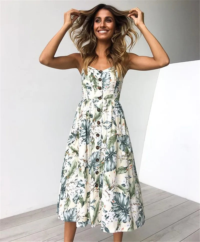 Tropical Pineapple Palm Leaf Print Button-Down Pocket A-Line Midi Dress