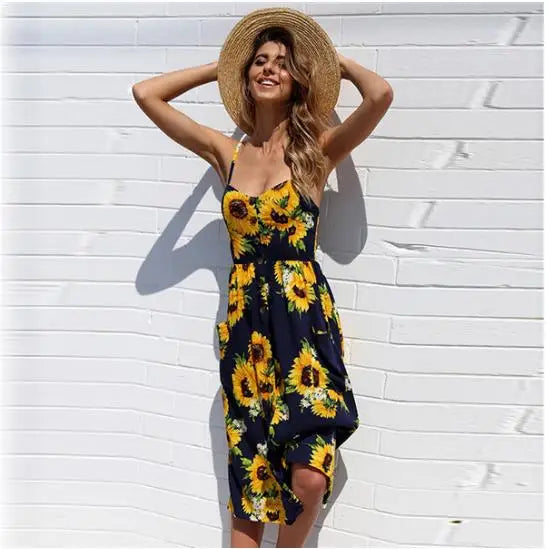 Tropical Pineapple Palm Leaf Print Button Front Pocket Midi Dress