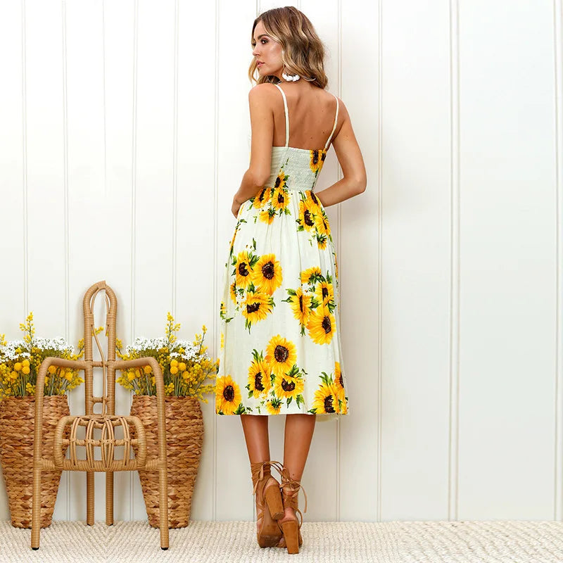 Pineapple Print Spaghetti Strap Button Front Pocket A-Line Midi Dress