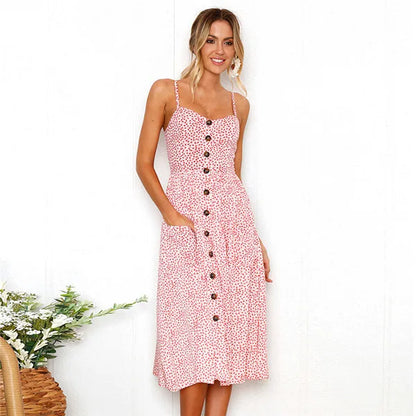 Tropical Pineapple Palm Leaf Print Button-Down Pocket A-Line Midi Dress