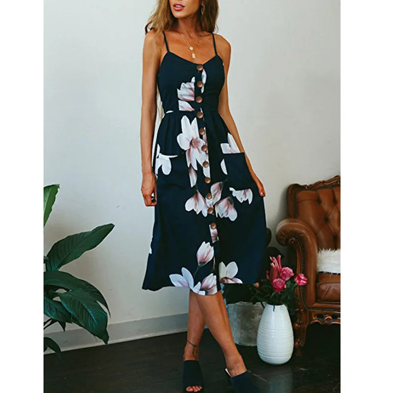 Tropical Pineapple Palm Leaf Print Button-Down Pocket A-Line Midi Dress