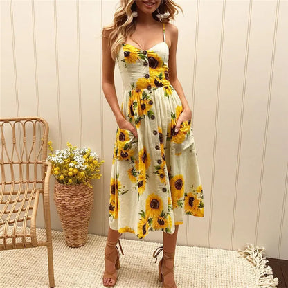 Tropical Pineapple Palm Leaf Print Button-Down Pocket A-Line Midi Dress