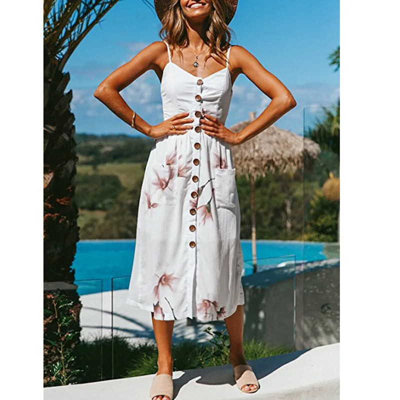 Tropical Pineapple Palm Leaf Print Button-Down Pocket A-Line Midi Dress