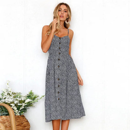 Pineapple Print Spaghetti Strap Button Front Pocket A-Line Midi Dress