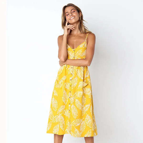 Tropical Print Spaghetti Strap Button Front Pocket Midi Dress