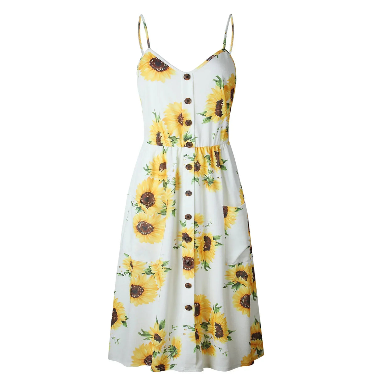 Tropical Pineapple Palm Leaf Print Button-Down Pocket A-Line Midi Dress