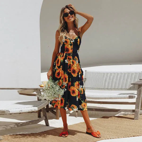 Tropical Pineapple Palm Leaf Print Button-Down Pocket A-Line Midi Dress