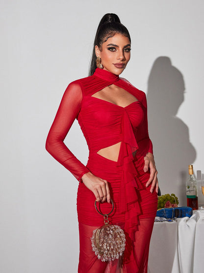 Mock Neck Mesh Long Sleeve Cutout Ruched Tiered Maxi Dress