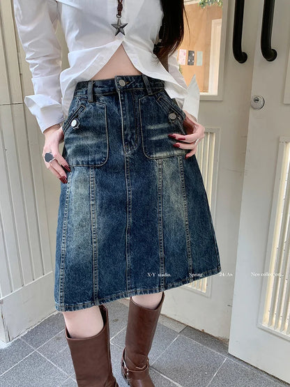 Distressed Paneled Front Pocket Button Detail Denim Midi Skirt