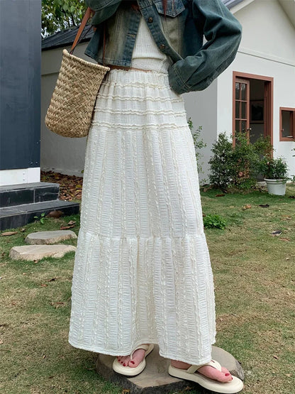 Crinkle Texture Vertical Ruffle Tiered Maxi Skirt