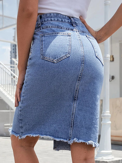 High Waist Front Slit Frayed Hem Denim Bodycon Midi Skirt