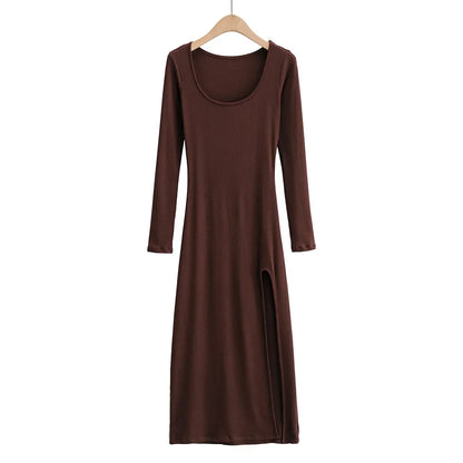 Ribbed Knit Square Neck Long Sleeve Side Slit Maxi Dress