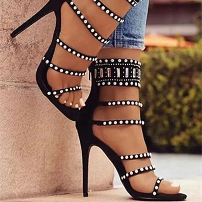 Sophisticated Black Beige Gladiator Peep Toe Diamond Pearl Ankle Band High Heel