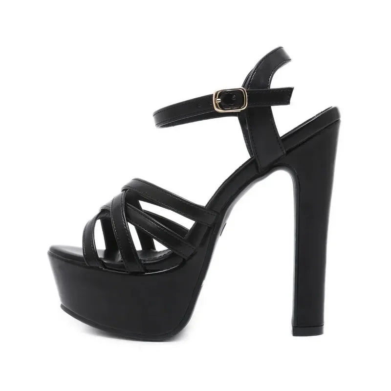 Black/Brown Waterproof Peep Toe Narrow Band Cross Hollow Out High Heel