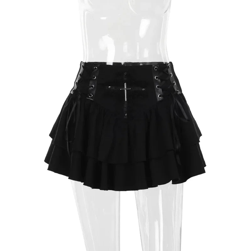 Black Lace Trim Cross Lace-up Mini Vintage A-Line Layered Short Women Summer Autumn Skirt