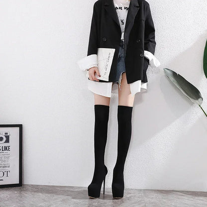Sleek Black Thigh High Long Socks Platform Slim Elastic High Heel