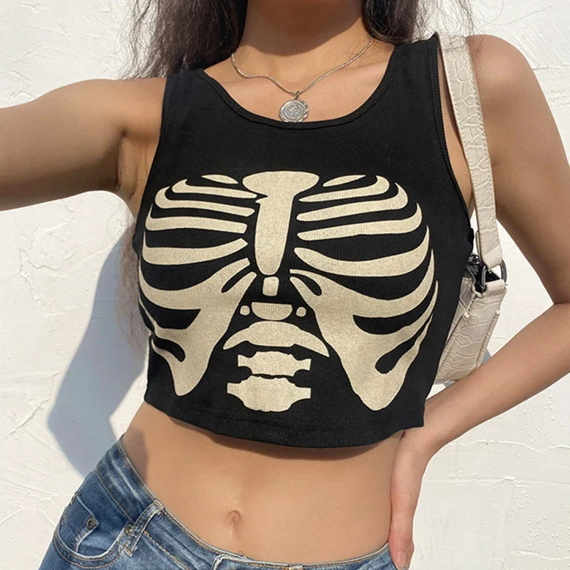 Black Knitted Grunge Punk Goth Goat Head Print Summer Sleeveless O-neck Crop Top