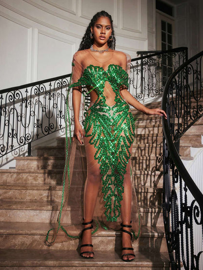Sequin Embellished Mesh Off Shoulder Waist Cut Out Train Maxi Gown