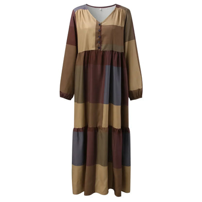Paneled V-Neck Button Front Lantern Sleeve Tiered Pocket Maxi Dress