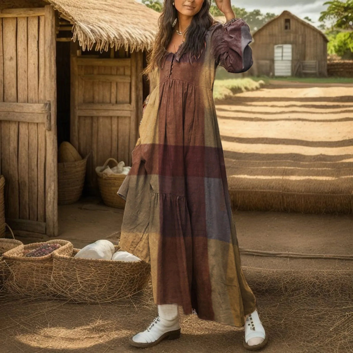 Paneled V-Neck Button Front Lantern Sleeve Tiered Pocket Maxi Dress